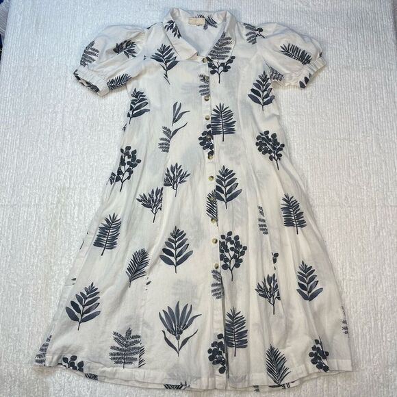 Bombay Paisley White Blue Floral Fit & Flare Button Down Shirt Dress Size Medium - Picture 1 of 8